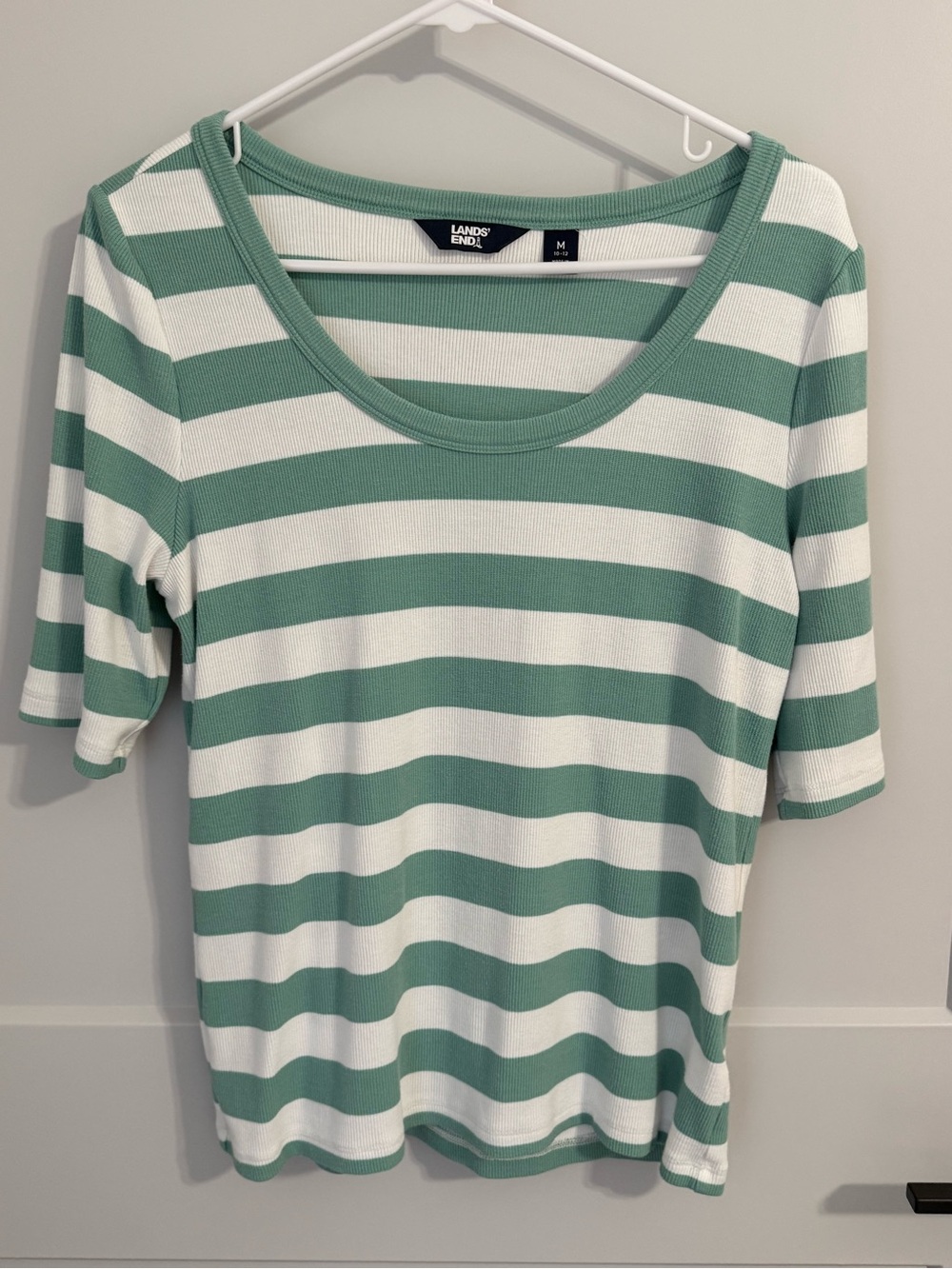 Lands’ End Green White Striped Ribbed Scoop Neck Top Medium 3/4 Sleeve